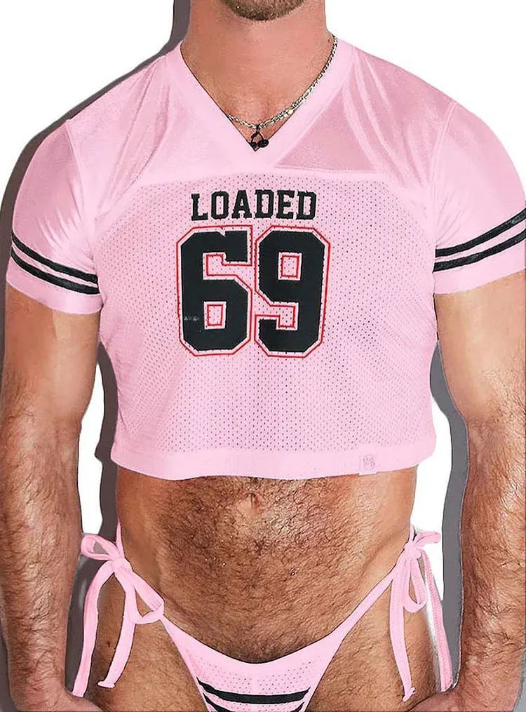 69 Print V-Neck Crop Top & Thong Set