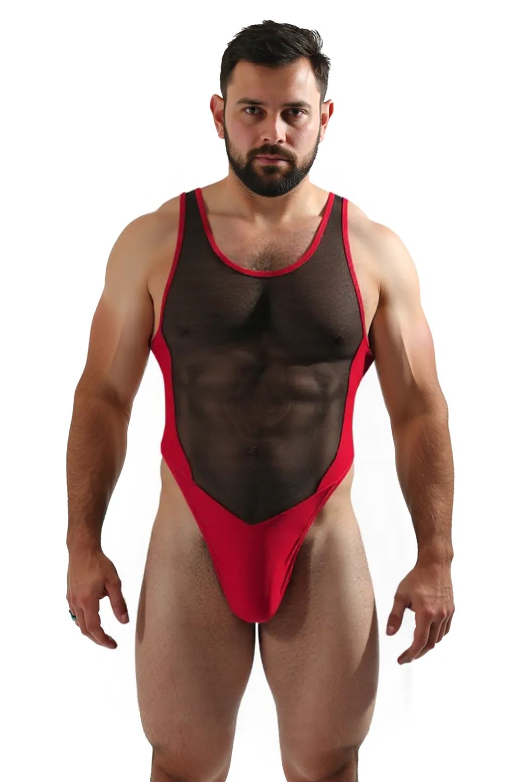 Colorblock See-Through Mesh Patchwork Racer Back Stretchy Thong Bodysuit