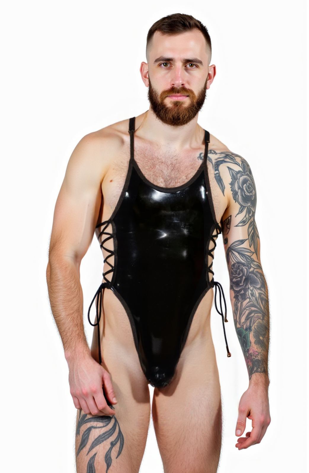 Men's Patent Leather Strappy Black Bodysuit