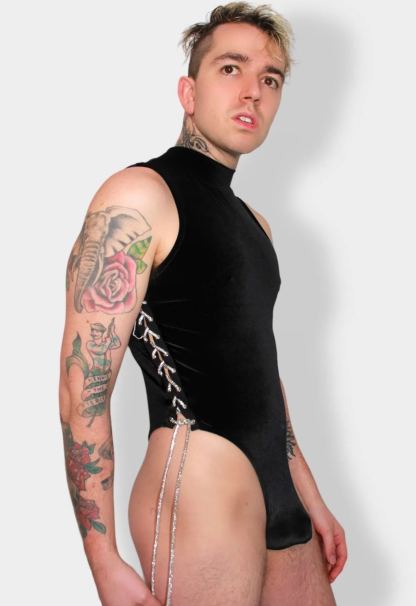 Men Black Velvet Lace Up Bodysuit