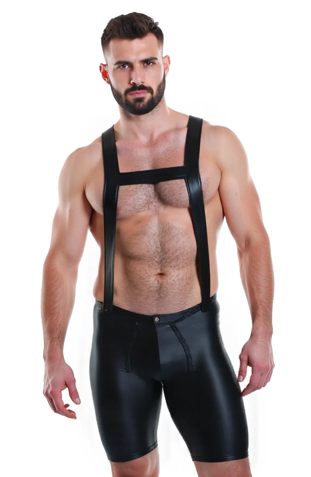 Mysteryglove Men’s Faux Leather Suspender Shorts