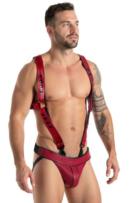 Mysteryglove Red PU Leather Harness Jock Set – X-Back Straps with Matching Pouch Thong