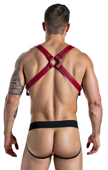 Mysteryglove Red PU Leather Harness Jock Set – X-Back Straps with Matching Pouch Thong
