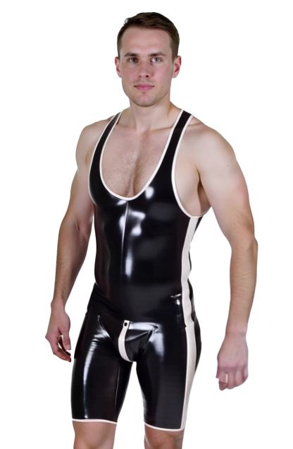 Mysteryglove Men's Shiny PU Leather Wrestling Singlet Bodysuit with Contrast Trim