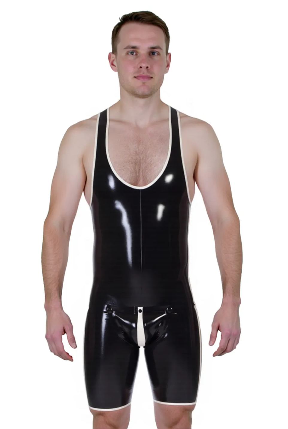 Mysteryglove Men's Shiny PU Leather Wrestling Singlet Bodysuit with Contrast Trim