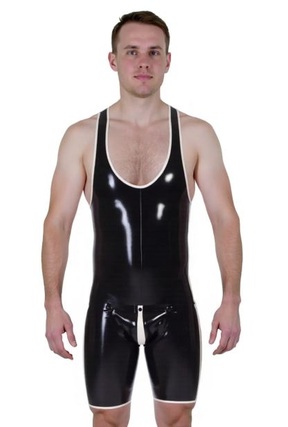 Mysteryglove Men's Shiny PU Leather Wrestling Singlet Bodysuit with Contrast Trim