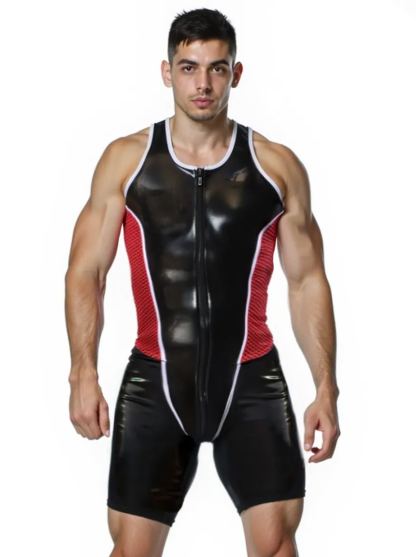 Latex Racerback Zip-Front Bodysuit with Red Mesh Side Panels