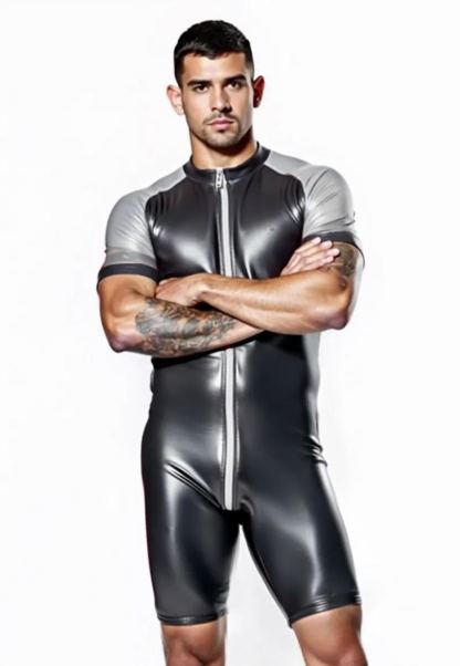 Mysteryglove Shiny Black & Red Skin-Tight Romper – Full-Body Zip Jumpsuit