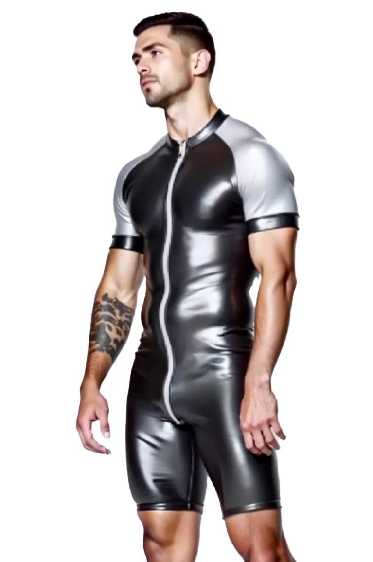 Mysteryglove Shiny Black & Gray Skin-Tight Romper – Full-Body Zip Jumpsuit