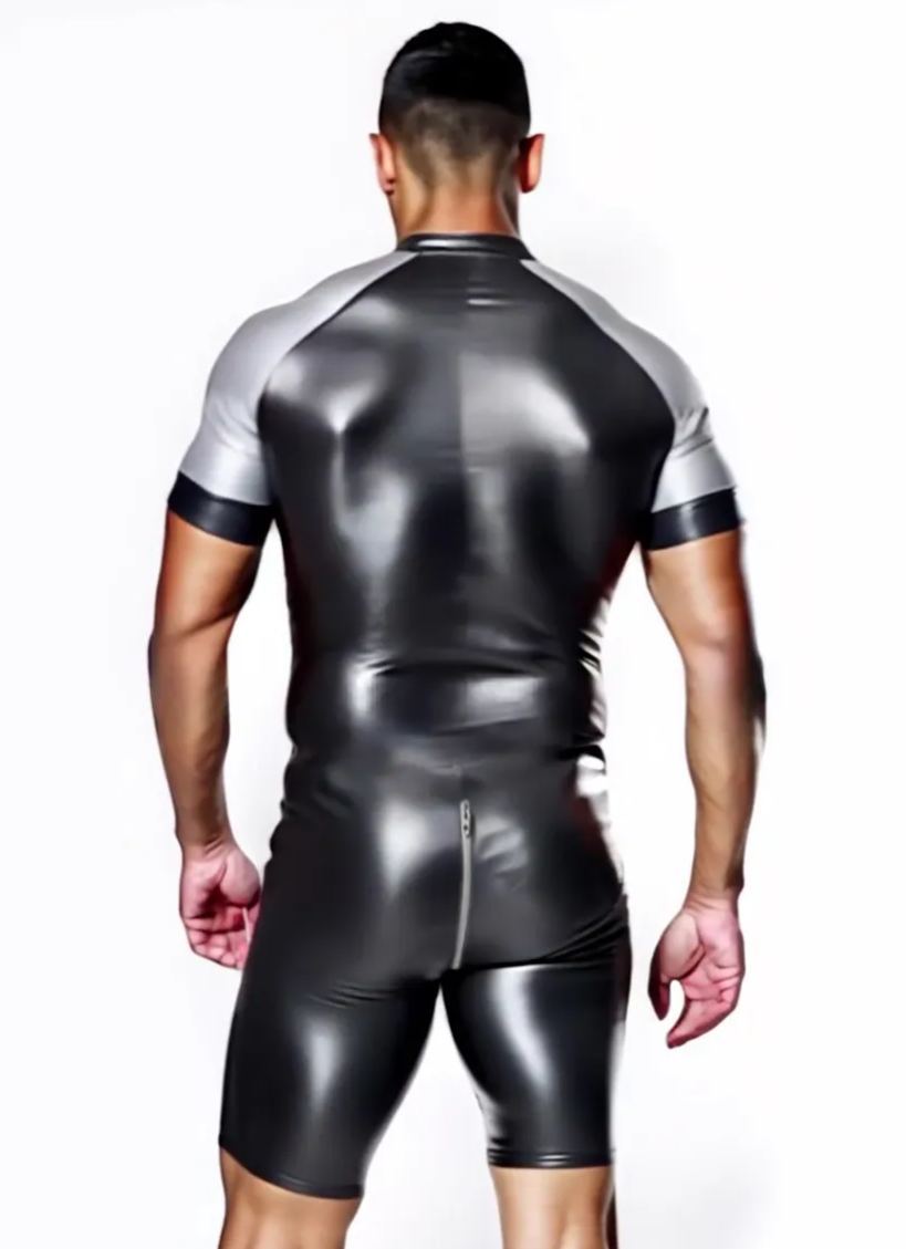 Mysteryglove Shiny Black & Red Skin-Tight Romper – Full-Body Zip Jumpsuit