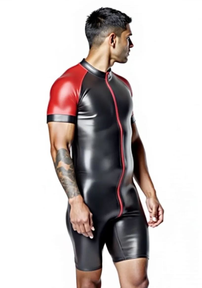 Mysteryglove Shiny Black & Gray Skin-Tight Romper – Full-Body Zip Jumpsuit