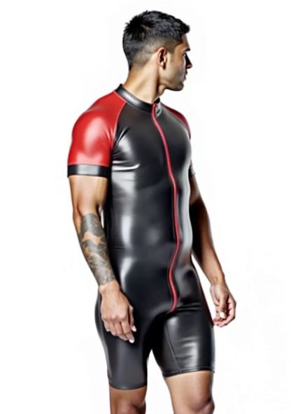 Mysteryglove Shiny Black & Gray Skin-Tight Romper – Full-Body Zip Jumpsuit