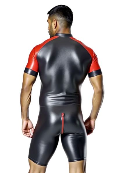 Mysteryglove Shiny Black & Gray Skin-Tight Romper – Full-Body Zip Jumpsuit