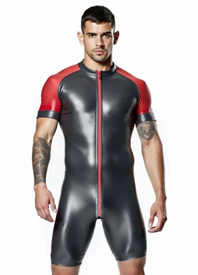 Mysteryglove Shiny Black & Gray Skin-Tight Romper – Full-Body Zip Jumpsuit