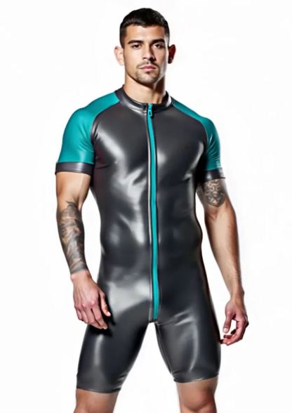 Mysteryglove Shiny Black & Red Skin-Tight Romper – Full-Body Zip Jumpsuit