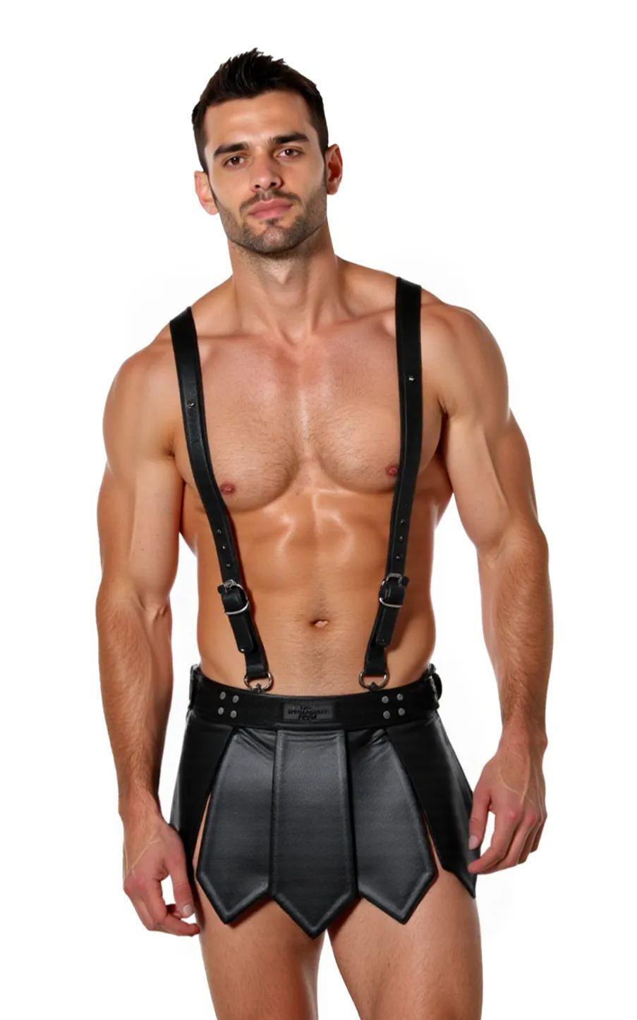 Mysteryglove Men’s White PU Leather Gladiator Skirt with Harness Straps – Bold Fetish Costume