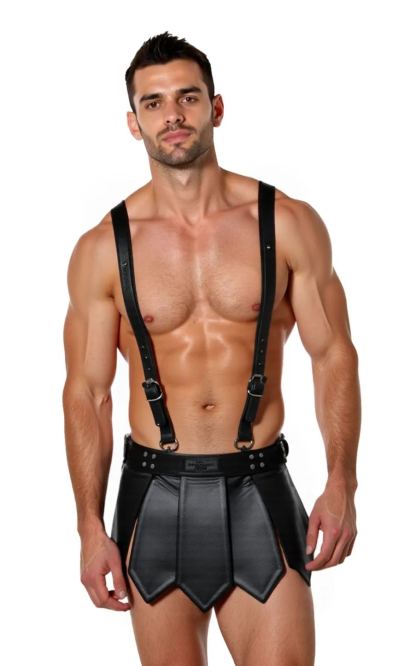 Mysteryglove Men’s White PU Leather Gladiator Skirt with Harness Straps – Bold Fetish Costume
