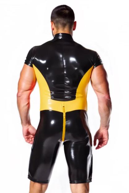 Mysteryglove Men's Leather Short Bodysuit in Black and Yellow with Dual Zippers