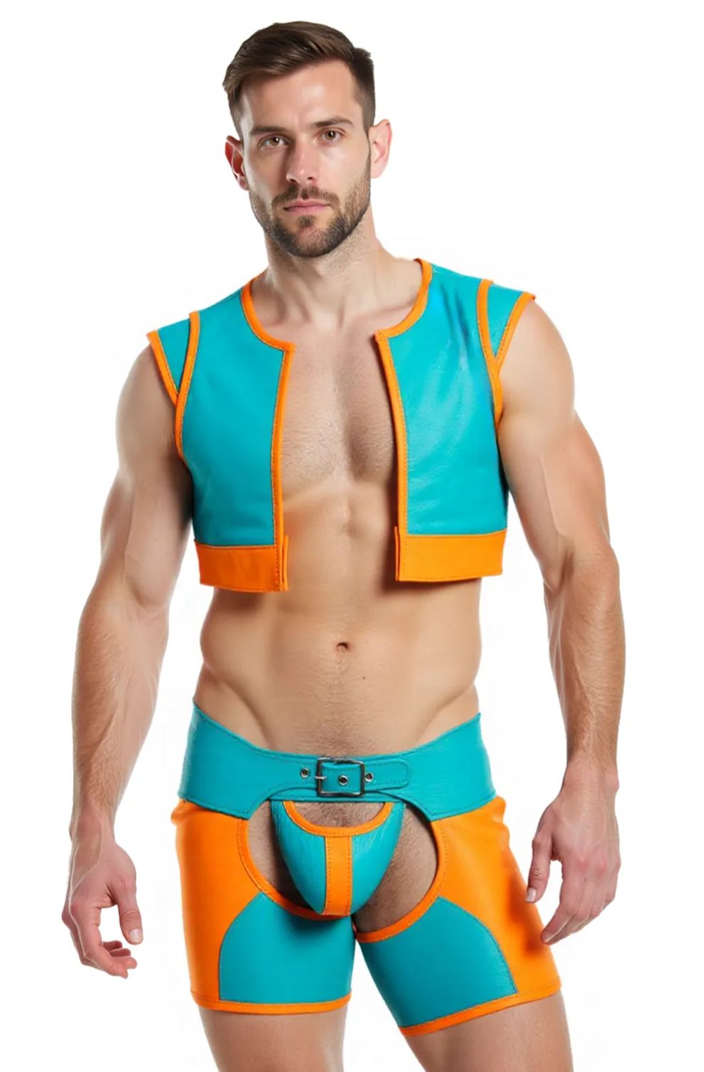 Mysteryglove Men’s Colorblock PU Leather Cutout Shorts and Cropped Vest Set