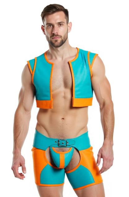Mysteryglove Men’s Colorblock PU Leather Cutout Shorts and Cropped Vest Set