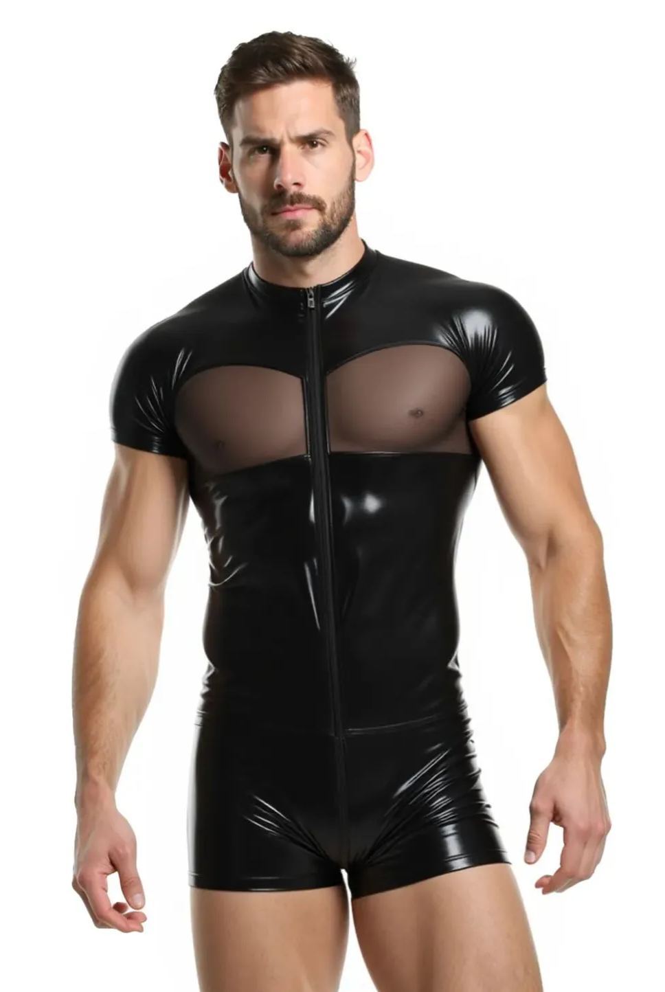 Mysteryglove Men’s PU Leather and Mesh Bodysuit – Short Sleeve Zipper Design