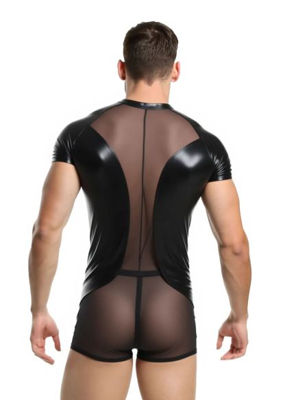 Mysteryglove Men’s PU Leather and Mesh Bodysuit – Short Sleeve Zipper Design