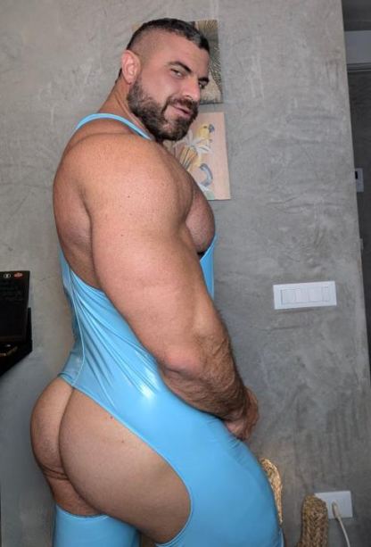 Mysteryglove Men’s Daring Blue PU Leather Bodysuit – Deep V Singlet with Striking Gloss Finish