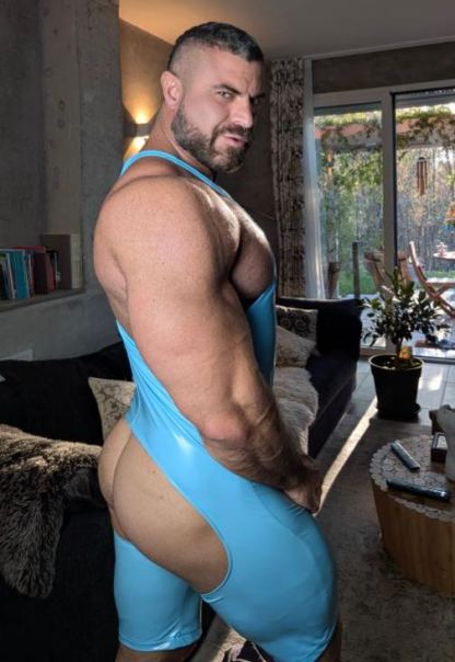 Mysteryglove Men’s Daring Blue PU Leather Bodysuit – Deep V Singlet with Striking Gloss Finish