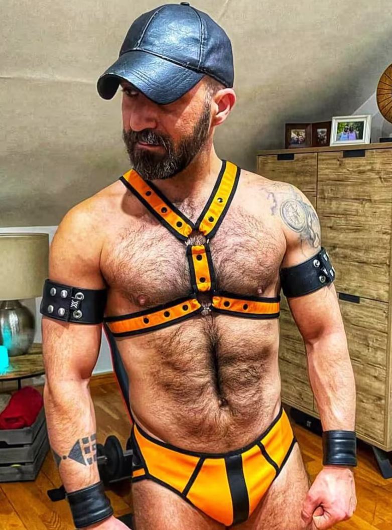 Mysteryglove Orange & Black Pu Leather Strapped Briefs Set