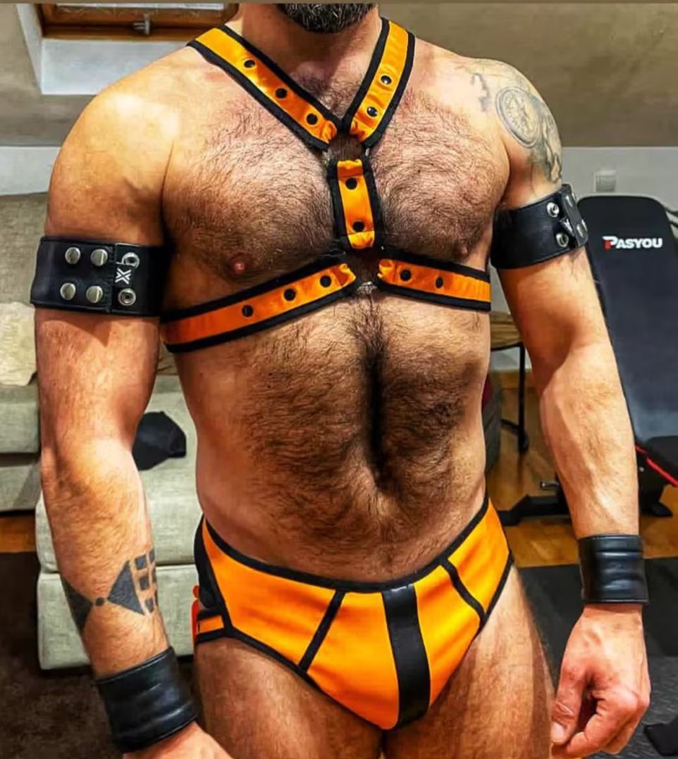 Mysteryglove Orange & Black Pu Leather Strapped Briefs Set