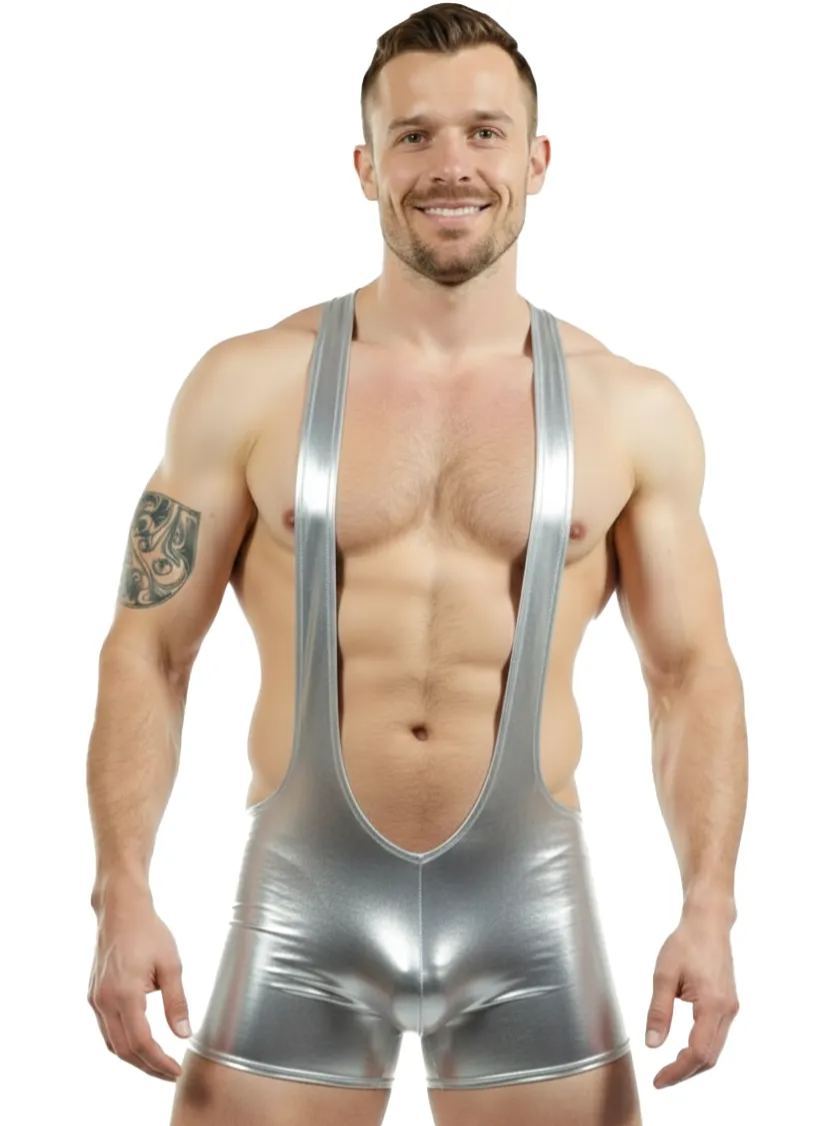 Mysteryglove Men's Shiny Silver Open-Back Athletic Bodysuit