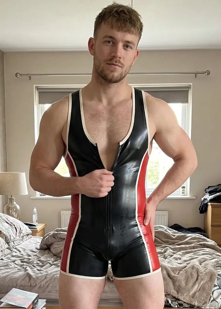 Mysteryglove Men's Black & Red Wrestling-Style Glossy Patent Leather Bodysuit