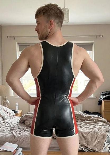 Mysteryglove Men's Black & Red Wrestling-Style Glossy Patent Leather Bodysuit