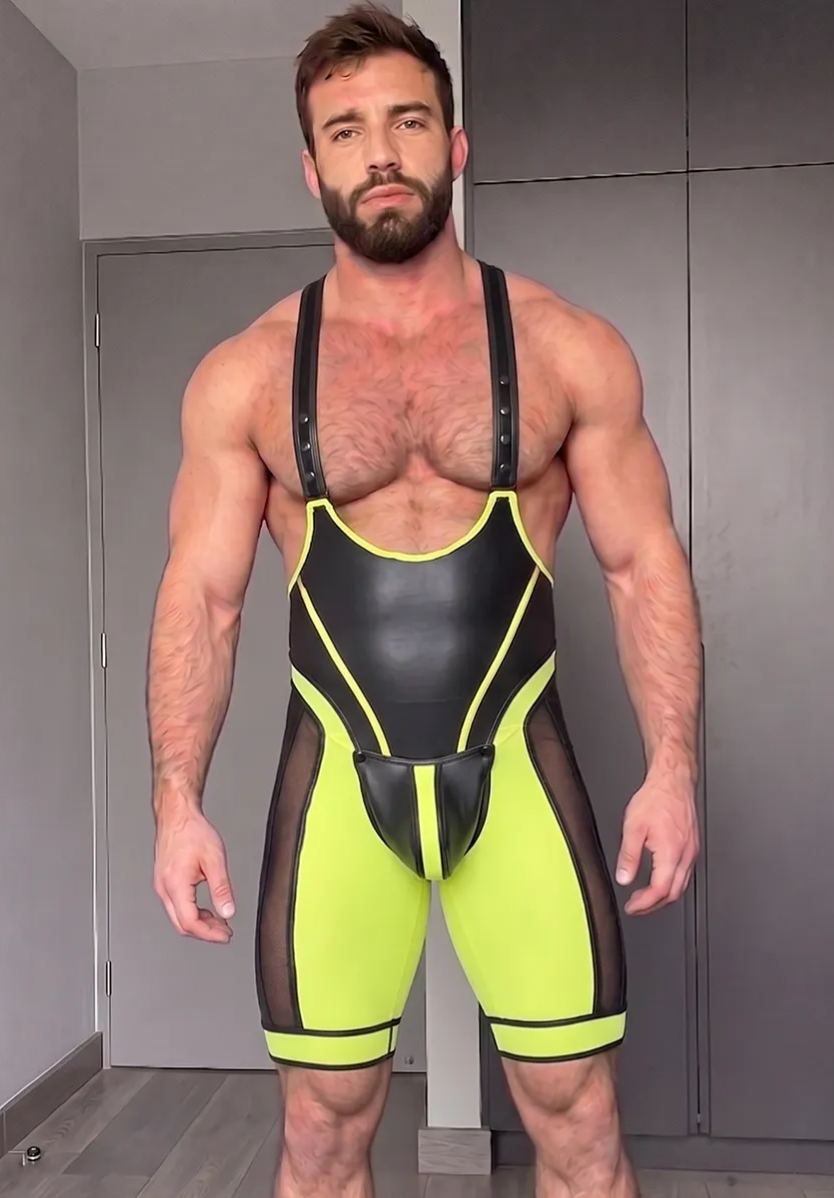 Mysteryglove PU Leather + Mesh Singlet – Black & Neon Yellow Contrast, Deep U-Neck, Sculpted Fit