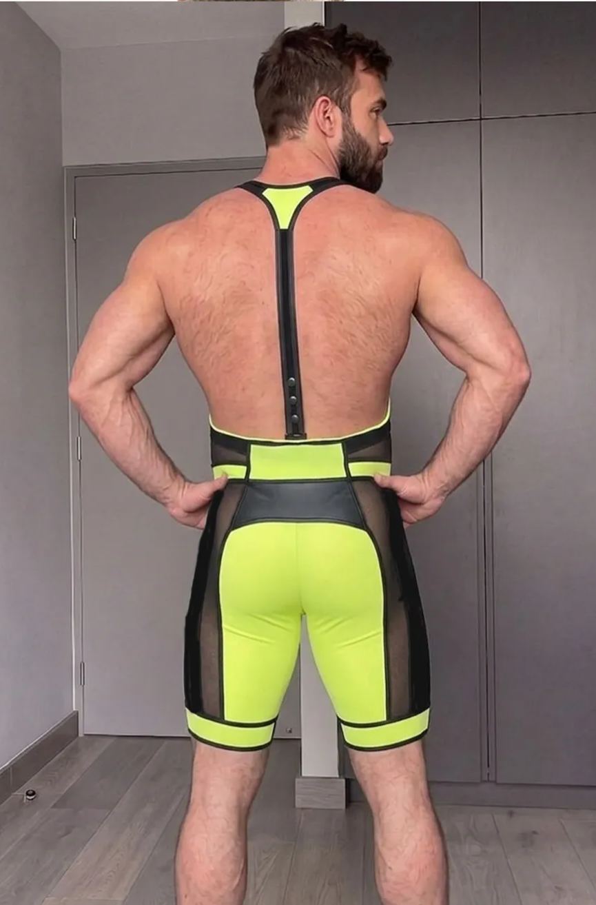 Mysteryglove PU Leather + Mesh Singlet – Black & Neon Yellow Contrast, Deep U-Neck, Sculpted Fit