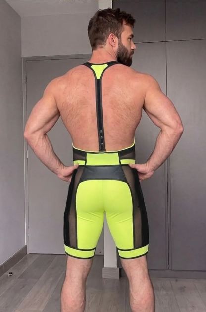 Mysteryglove PU Leather + Mesh Singlet – Black & Neon Yellow Contrast, Deep U-Neck, Sculpted Fit