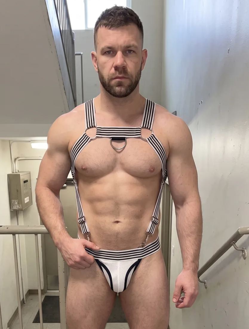 Mysteryglove Black Stripe Suspender Harness Set — Open-Back Jock, Metal Clips, Secure Support