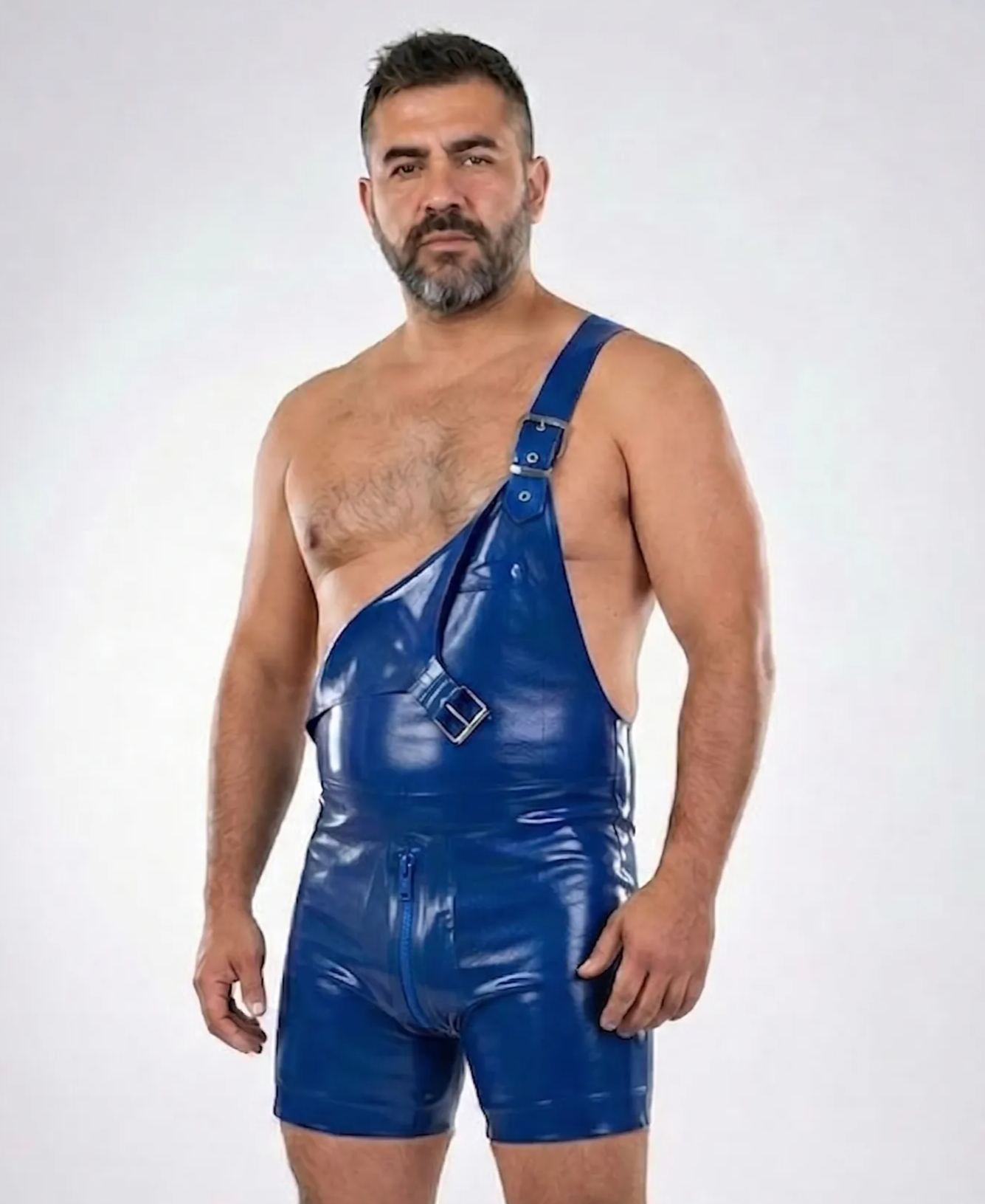Mysteryglove Men's Blue Glossy Patent Leather Overalls Bodysuit