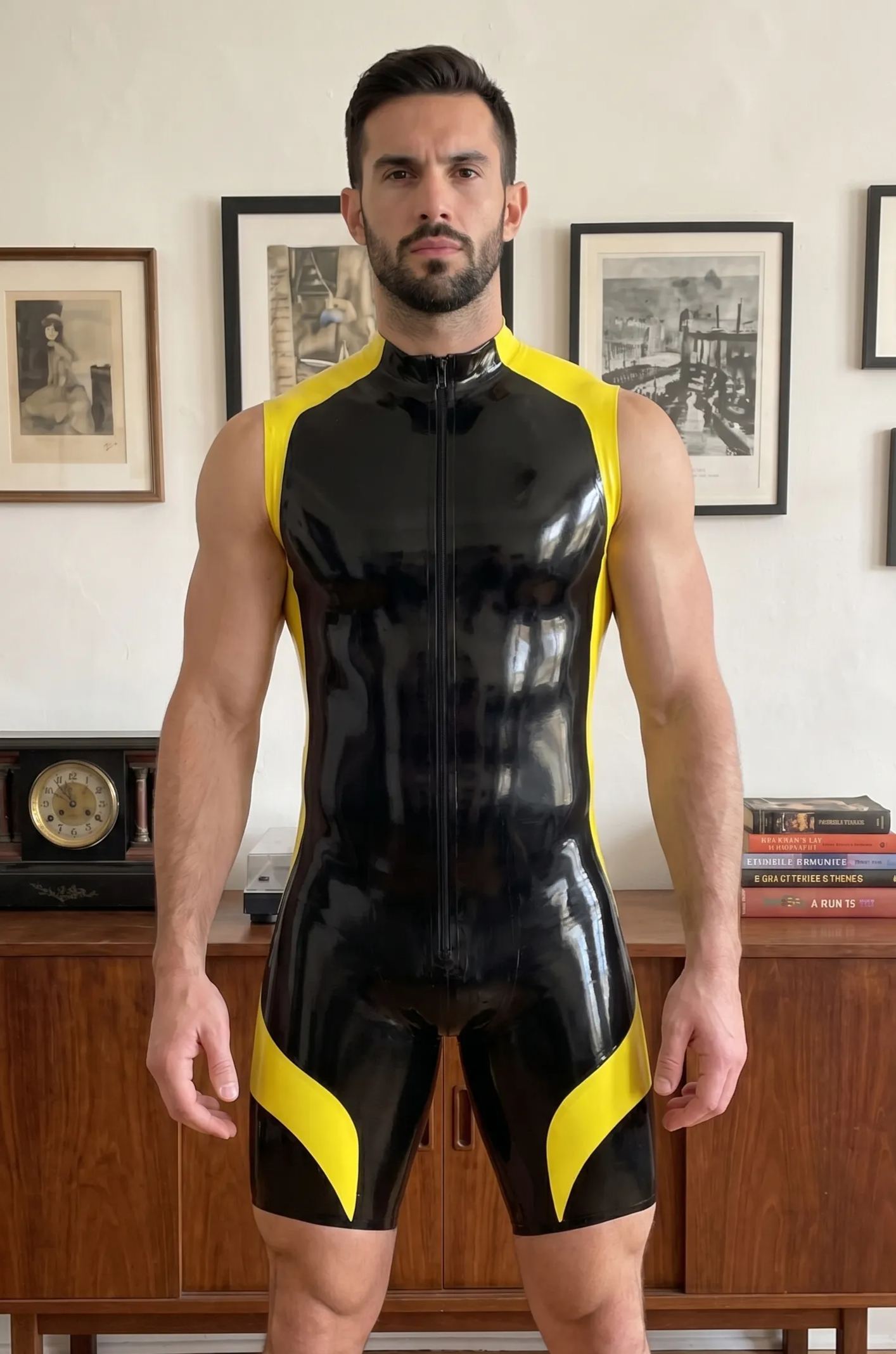 Mysteryglove Men’s High-Neck PU Singlet Bodysuit – Glossy Black with Yellow Accents