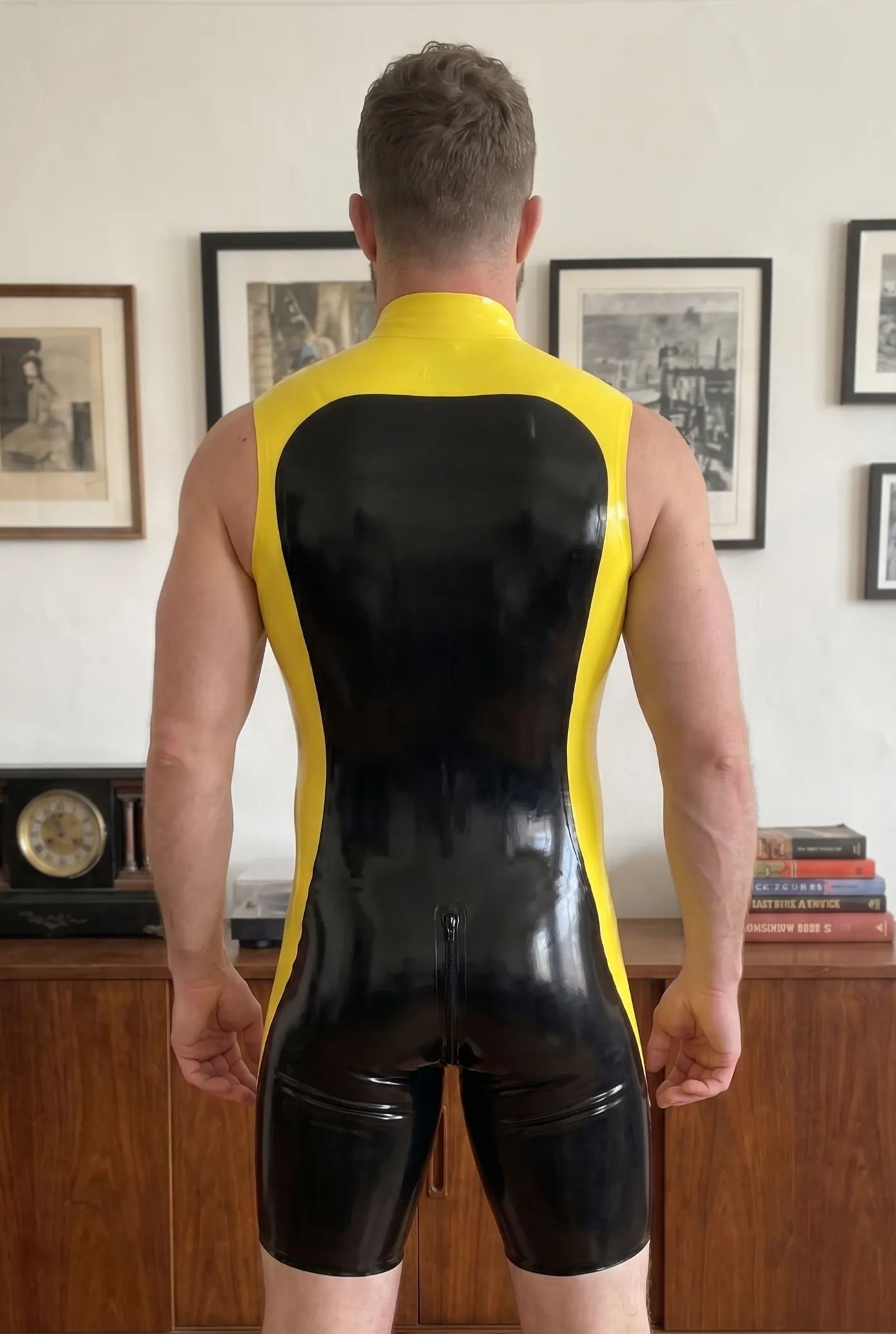 Mysteryglove Men’s High-Neck PU Singlet Bodysuit – Glossy Black with Yellow Accents