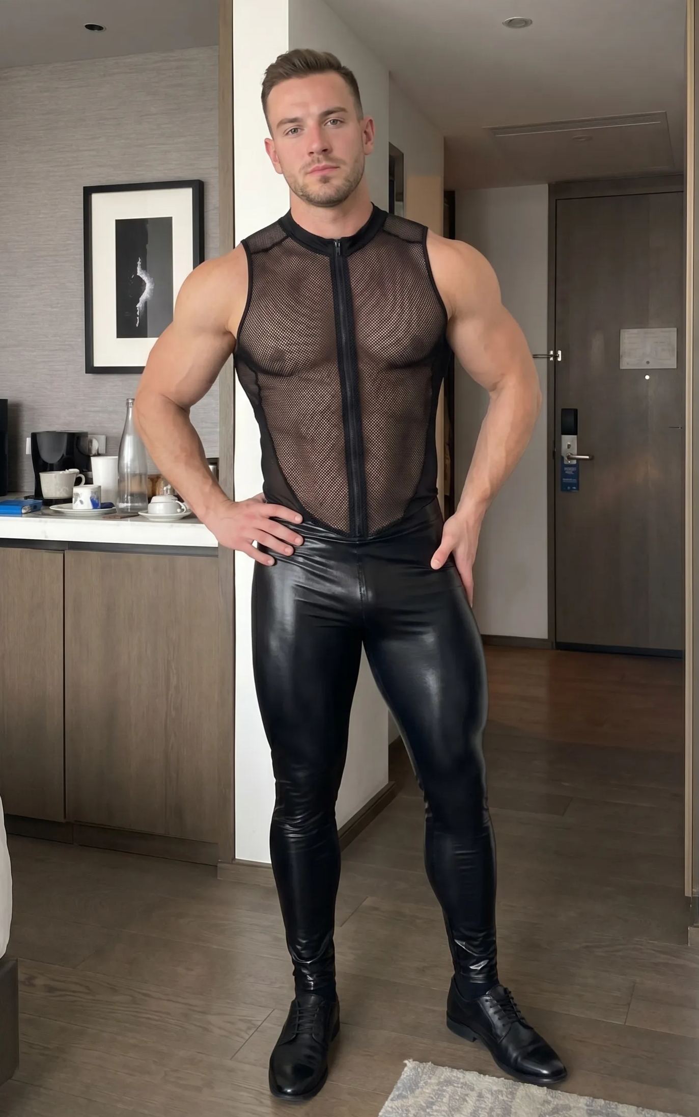 Mysteryglove Men's Black Mesh Panel Zip-Up Bodysuit Sleeveless Slim Fit One-Piece Jumpsuit