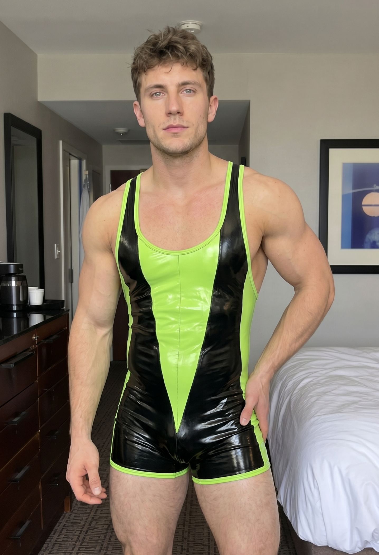 Mysteryglove Men's PU Leather Look Color Block Wrestling Singlet Sleeveless Short Bodysuit in Black and Neon Green
