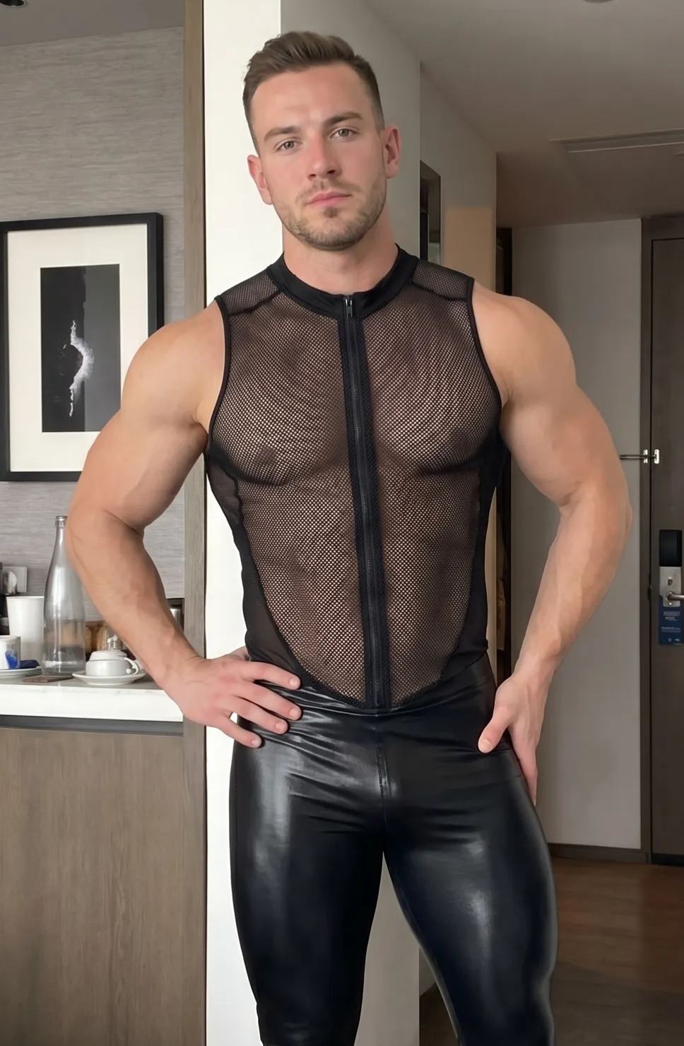 Mysteryglove Men's Black Mesh Panel Zip-Up Bodysuit Sleeveless Slim Fit One-Piece Jumpsuit