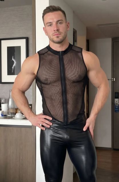 Mysteryglove Men's Black Mesh Panel Zip-Up Bodysuit Sleeveless Slim Fit One-Piece Jumpsuit