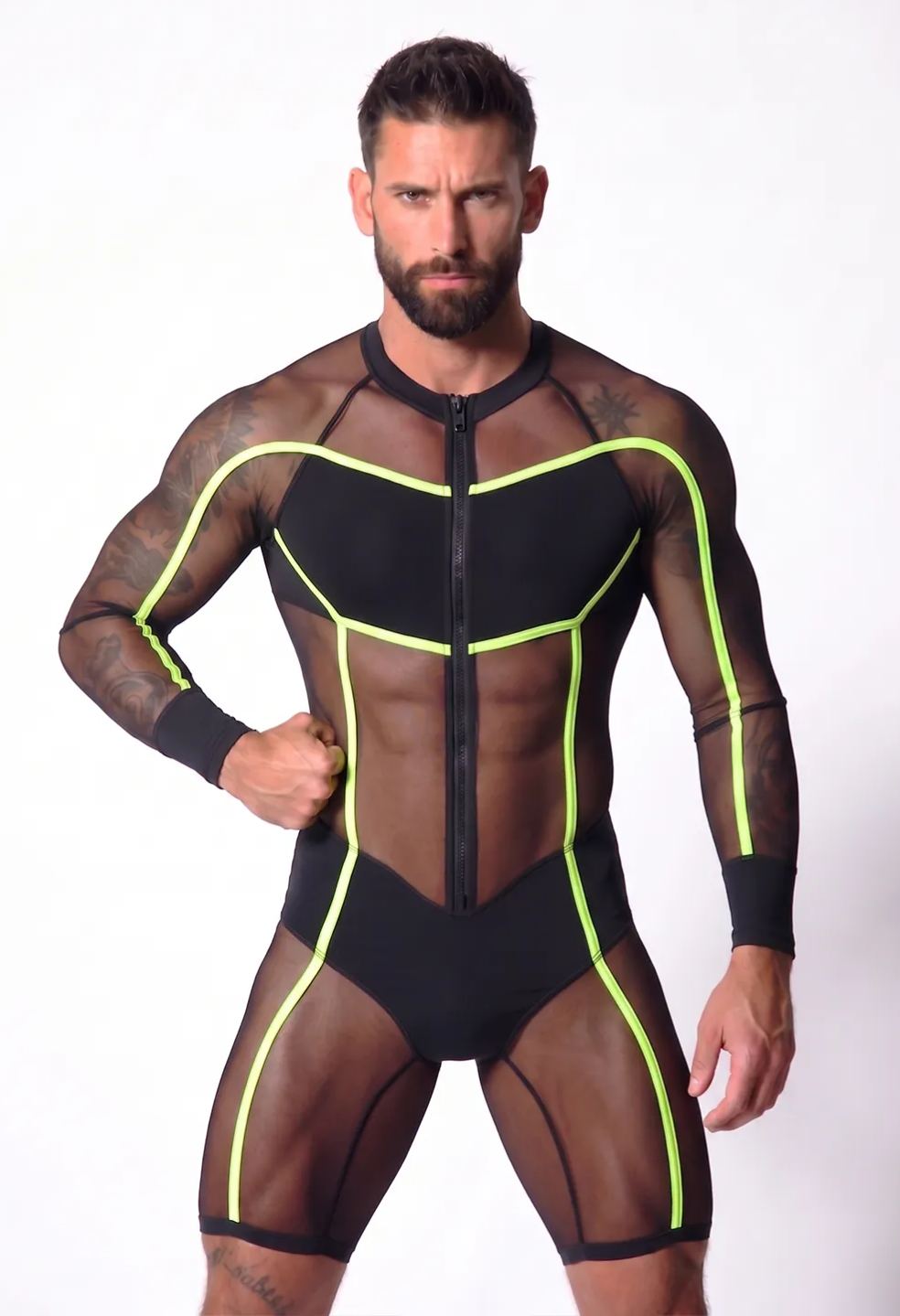 Mysteryglove Sheer Mesh Catsuit — Neon Green Trim, Long Sleeves, Front Zip