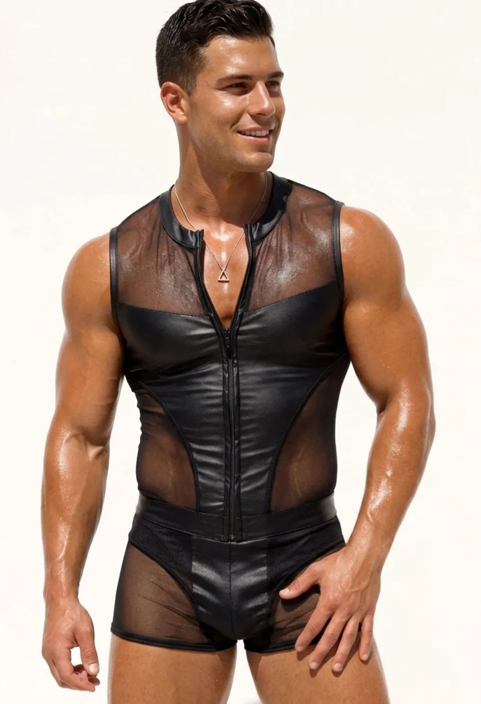 Mysteryglove Black Sheer Mesh Bodysuit — Sleeveless Zip-Front One-Piece