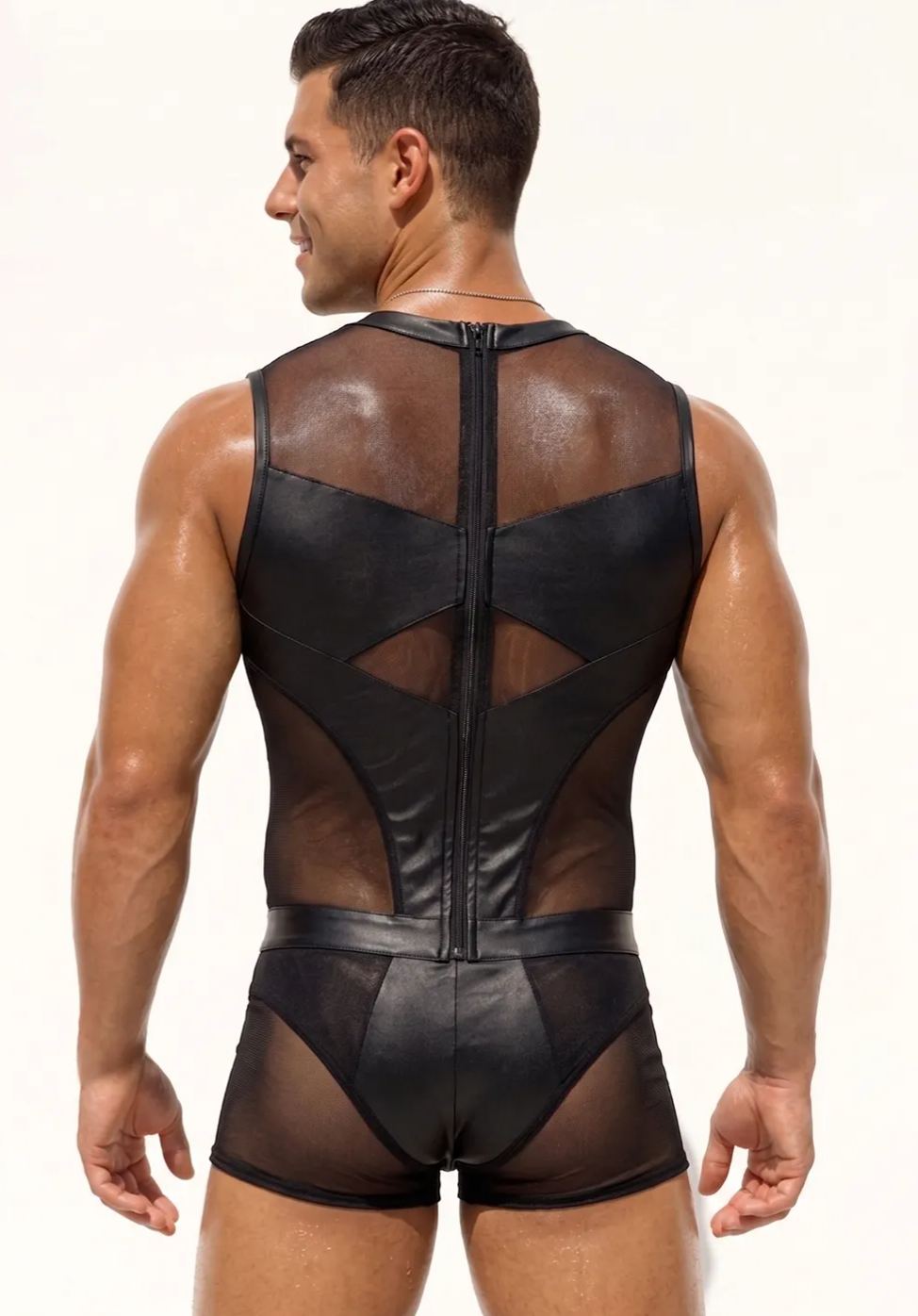 Mysteryglove Black Sheer Mesh Bodysuit — Sleeveless Zip-Front One-Piece