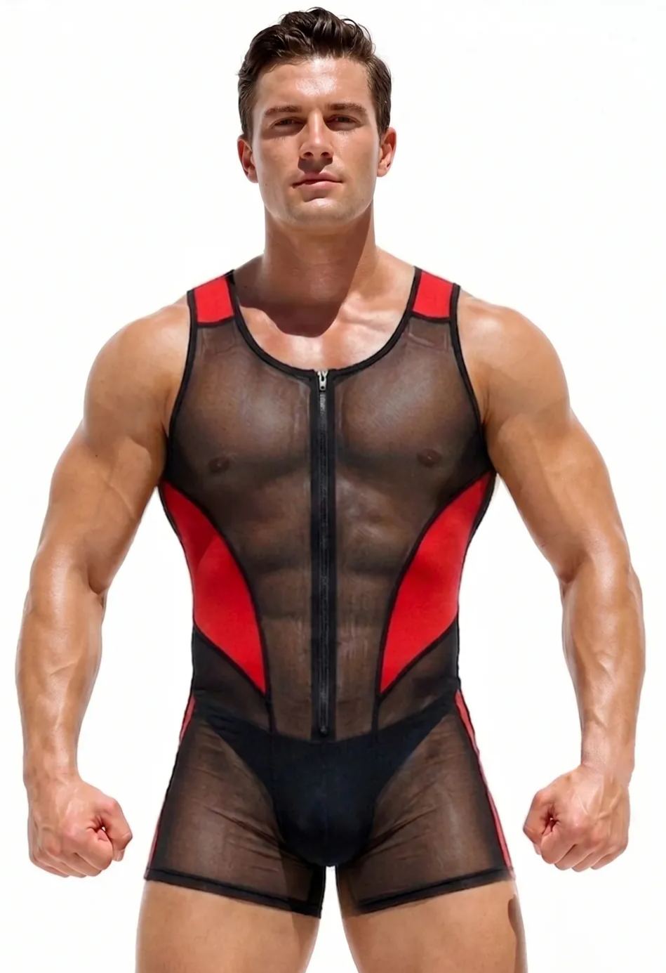 Mysteryglove Red & Black Sheer Mesh Bodysuit — Zip-Front Sleeveless One-Piece, Sculpted Contrast Panels