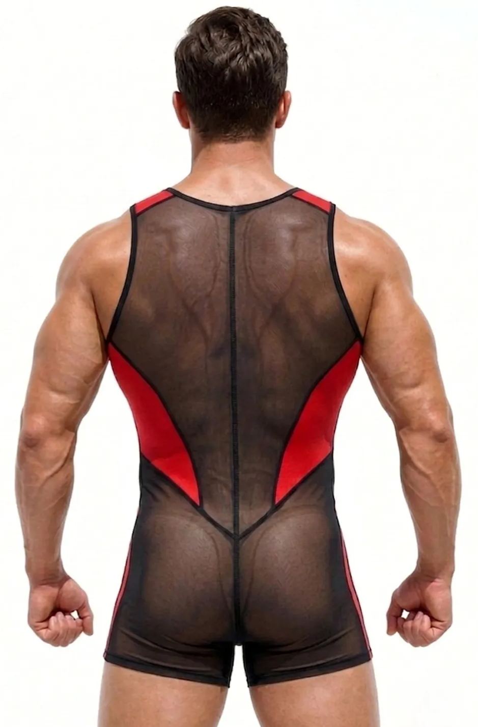 Mysteryglove Red & Black Sheer Mesh Bodysuit — Zip-Front Sleeveless One-Piece, Sculpted Contrast Panels