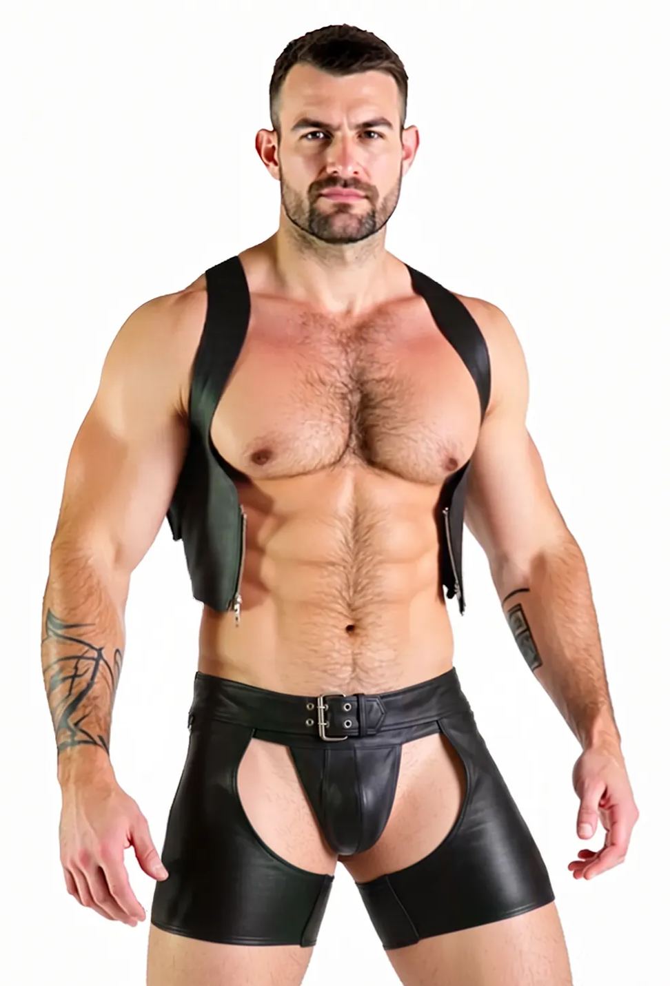 Mysteryglove Men’s PU Leather Harness & Jock Shorts Set — Open-Chest Vest + Buckle Pouch Brief